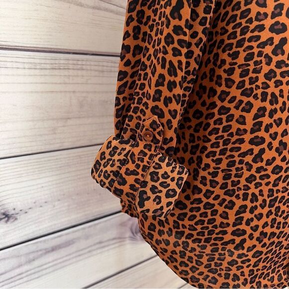 The Limited Brown Leopard Print V Neck Button Down Long Sleeve Blouse - Picture 9 of 10